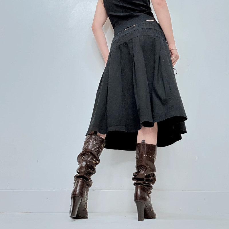 black pleated drop waist midi skirt