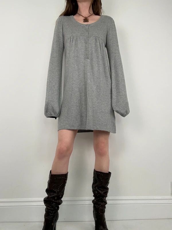 slouchy grey knit long sleeve mini dress