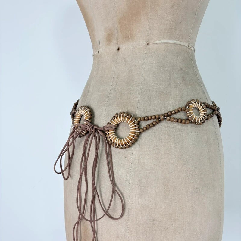 Woven beaded tie up waist belt