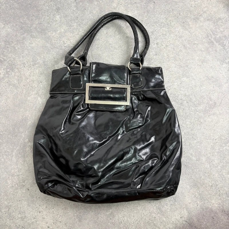 Faux leather patent black Y2K buckle bag