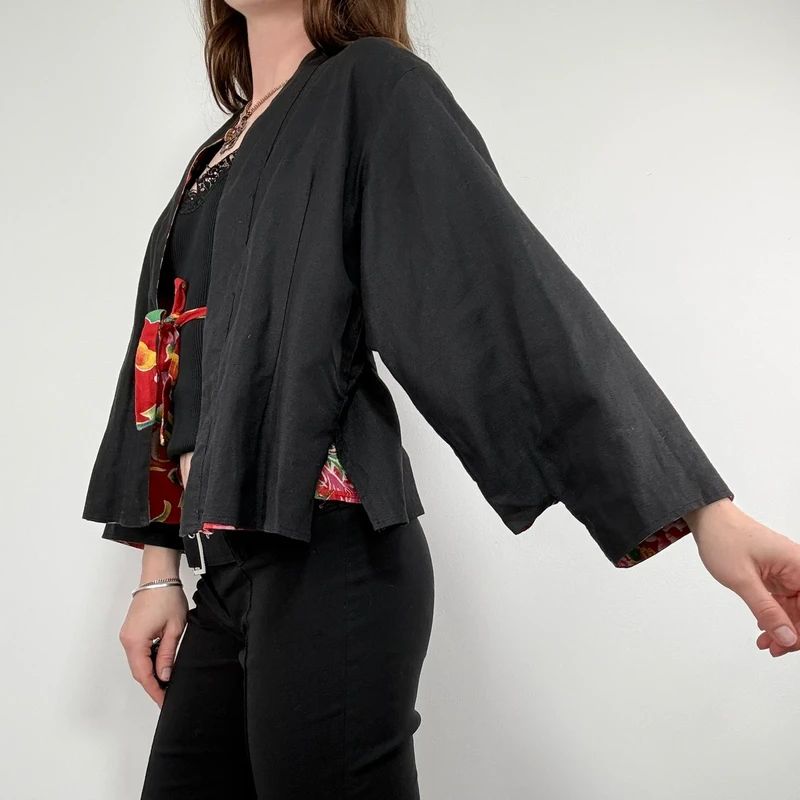 black linen boxy cropped kimono jacket