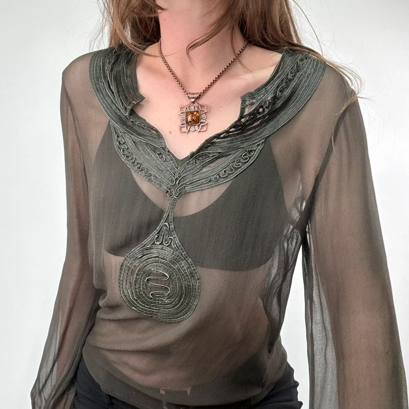 Antik Batik khaki sheer silk blouse