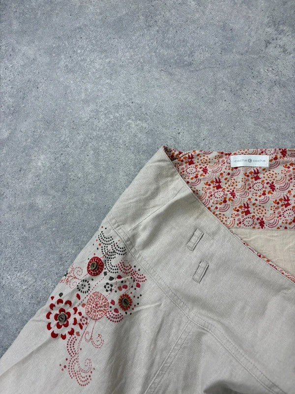 beige linen flared layered midi skirt