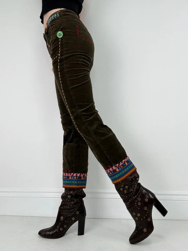 khaki corduroy embroidered hippy capri trousers