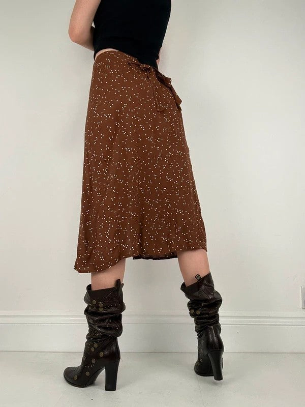 Brown polkadot button Rouje midi skirt