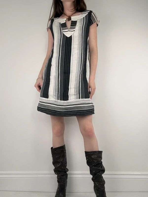 black and white linen pinstripe a-line mini dress
