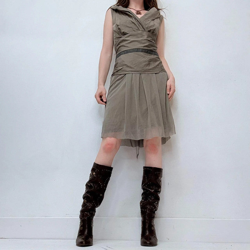 gathered structured drop waist mesh dress