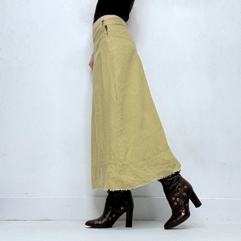 green linen flared maxi skirt