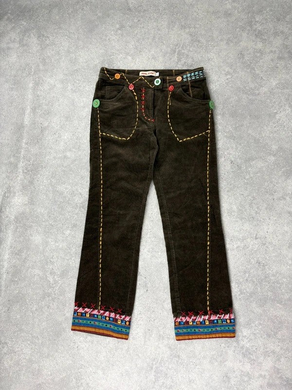 khaki corduroy embroidered hippy capri trousers