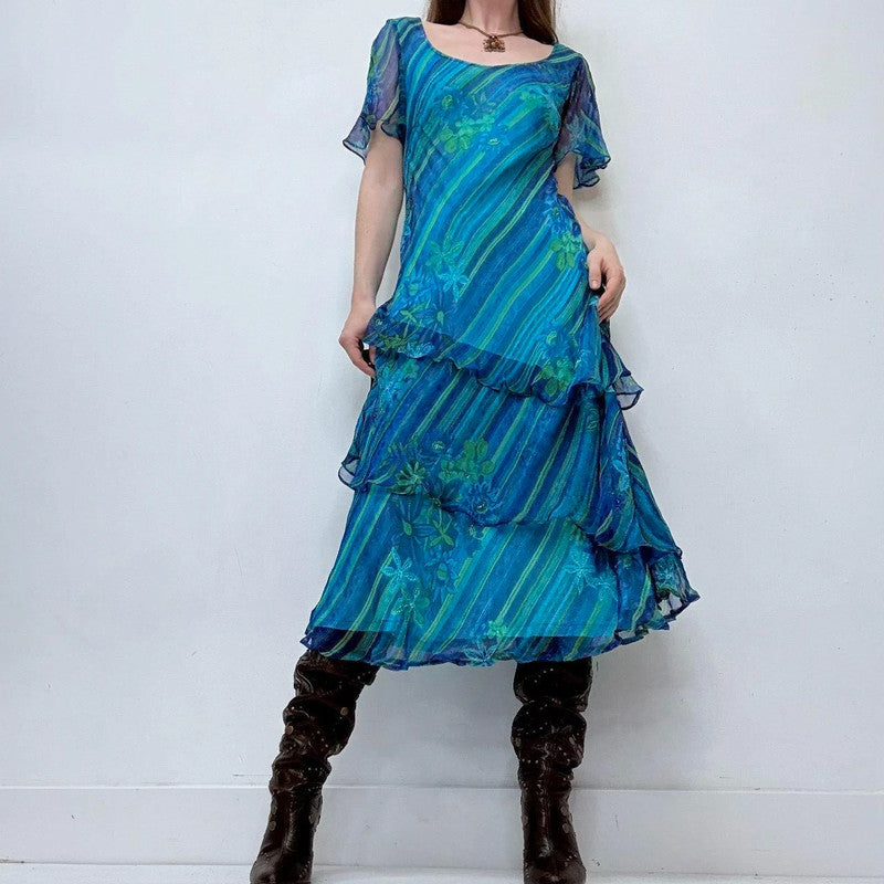 blue layered pinstripe ruffle dress