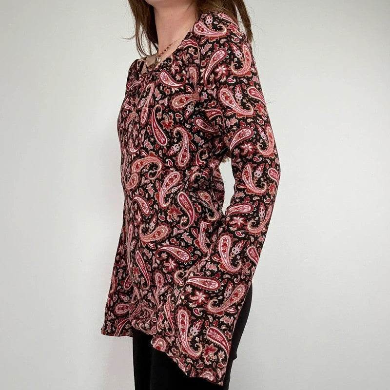 paisley flared wide neck blouse