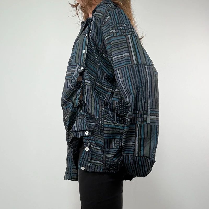 Asymmetric fold over draped checked pinstripe Shirt