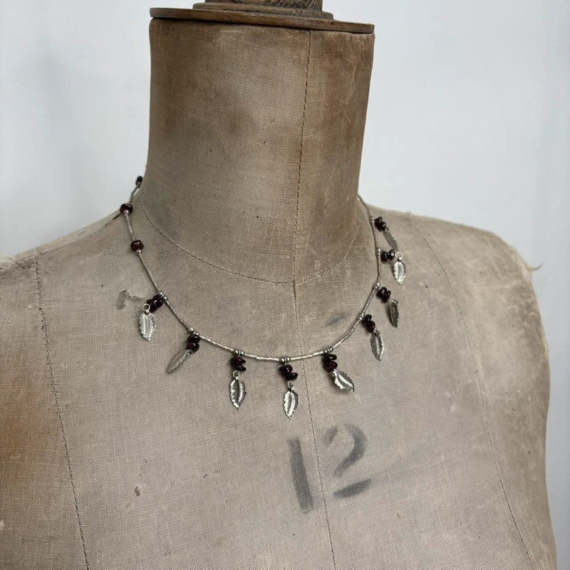silver bead draped leaf necklace