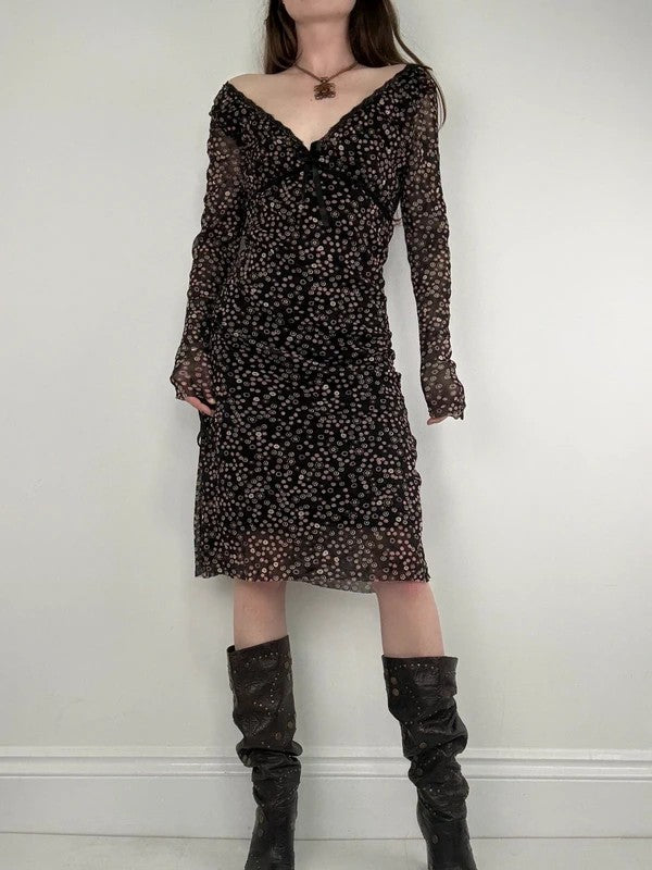 black polkadot long sleeve mesh slouchy dress