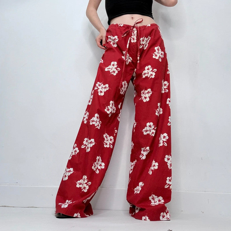 red cotton wide leg printed trousers