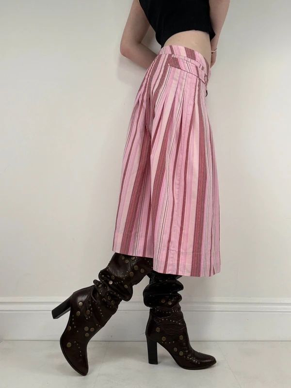 pink cotton pleated pinstripe flared midi skirt