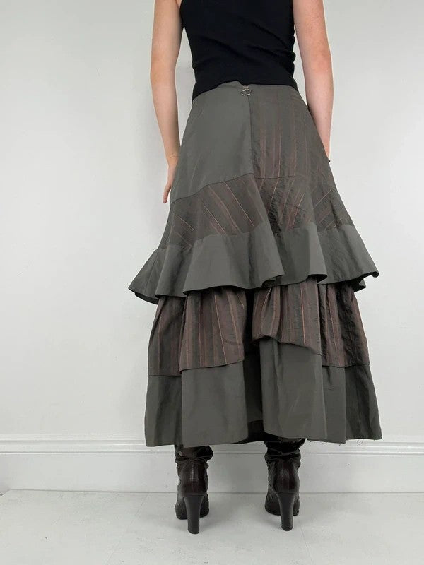 Khaki layered pinstripe maxi skirt