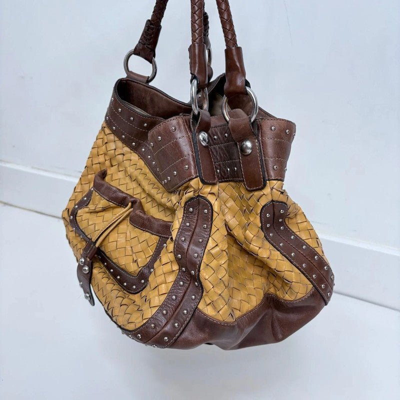 woven leather studded slouchy shoulder bag