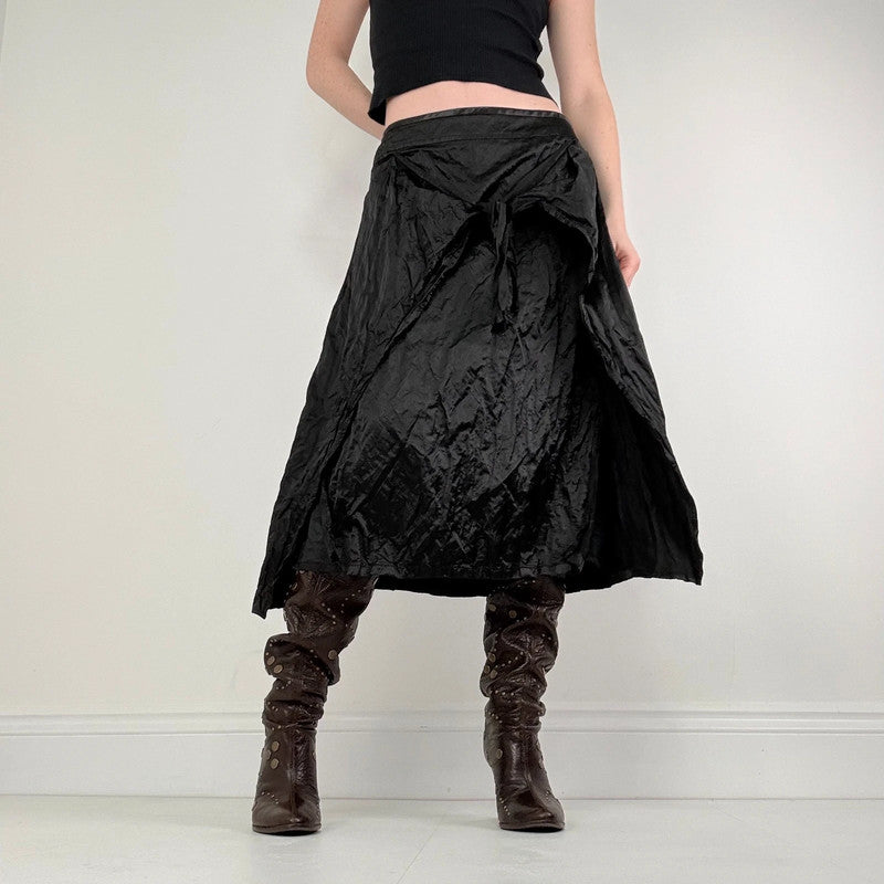 black crinkle satin tie up layered skirt
