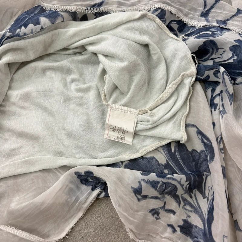 white and blue silk draped regency printed batwing blouse