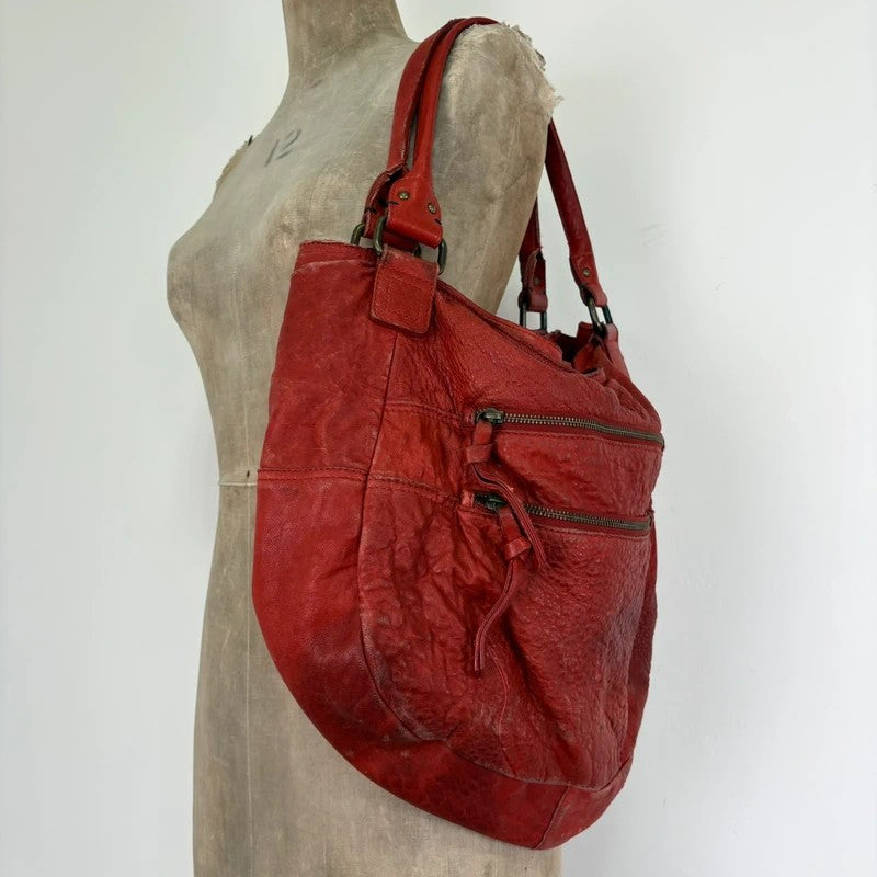 Vintage red leather cargo zipper city handbag