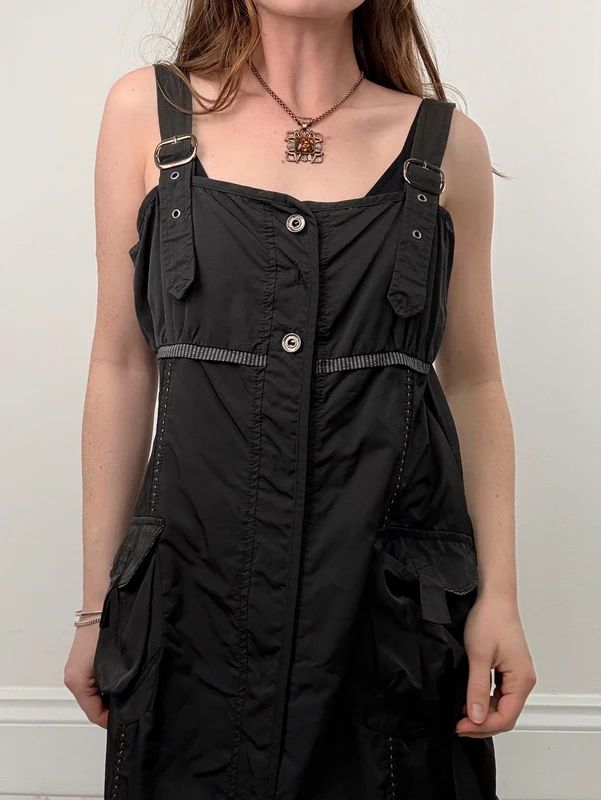 black grunge utility stuctured midi dress