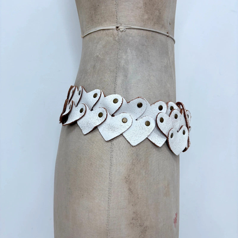 Distressed white leather heart link belt