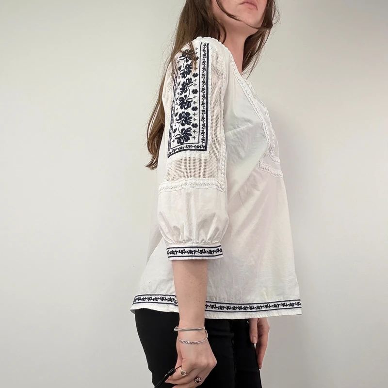 White Crochet Embroidered Cotton Blouse