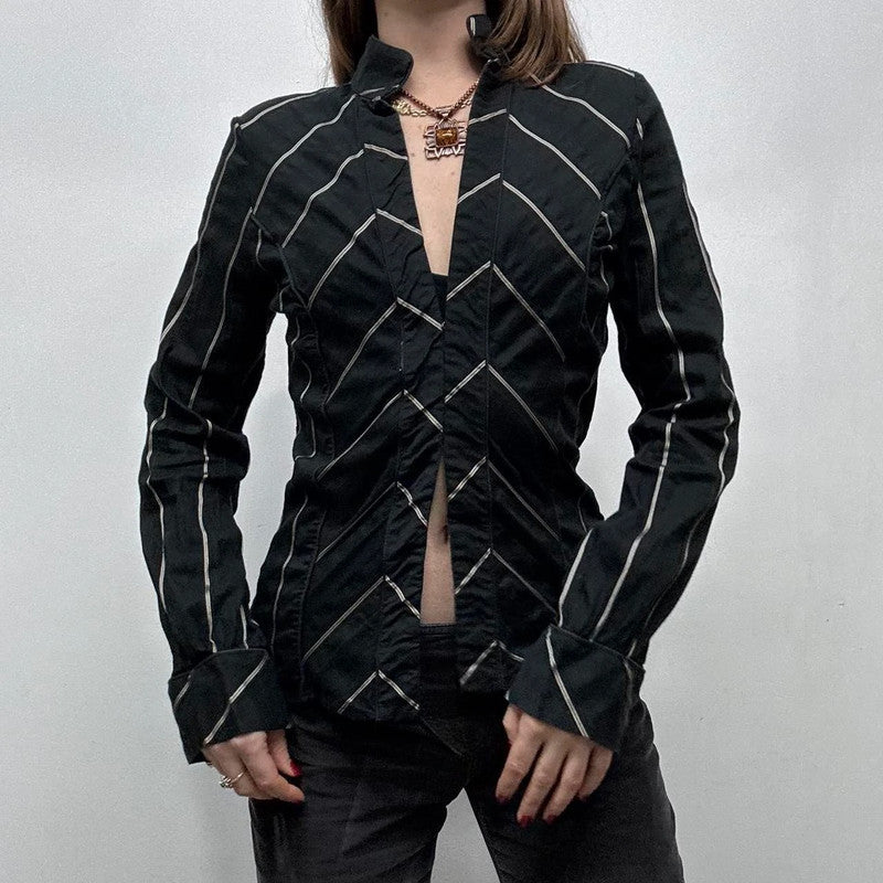 black flared pinstripe office shirt
