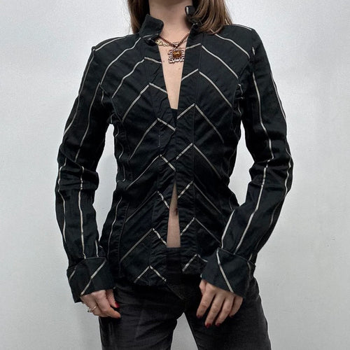 black flared pinstripe office shirt
