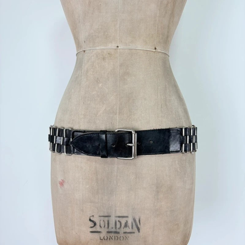 Black leather chunky metal belt