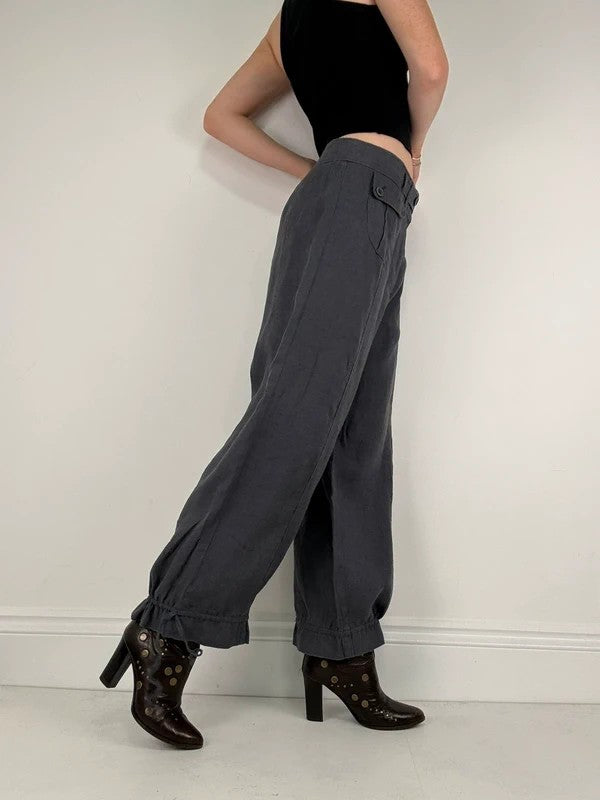 Navy linen puff leg drawstring bloomer trousers