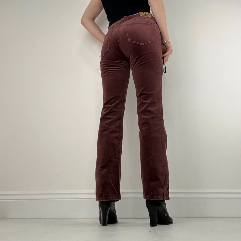 burgundy flared leg velour trousers
