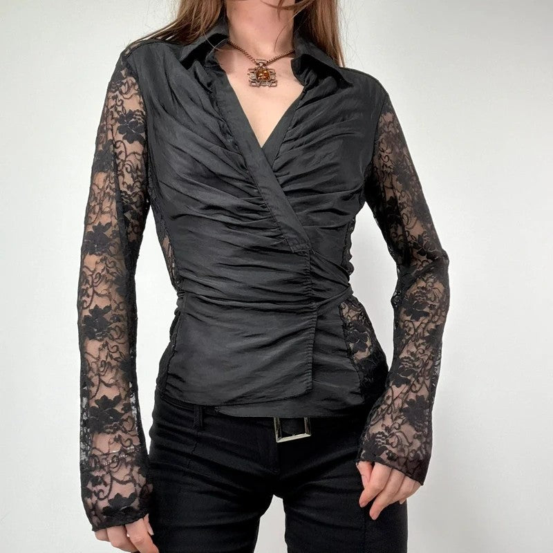 gathered lace wrap around shirt