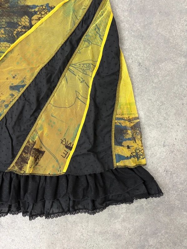 Patchwork graphic mesh layered long skirt