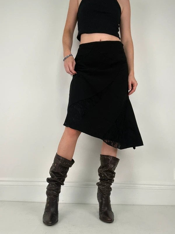 black asymmetric lace panelled midi skirt