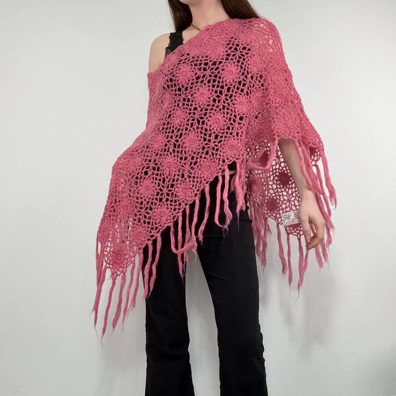 pink sheer knit crochet poncho