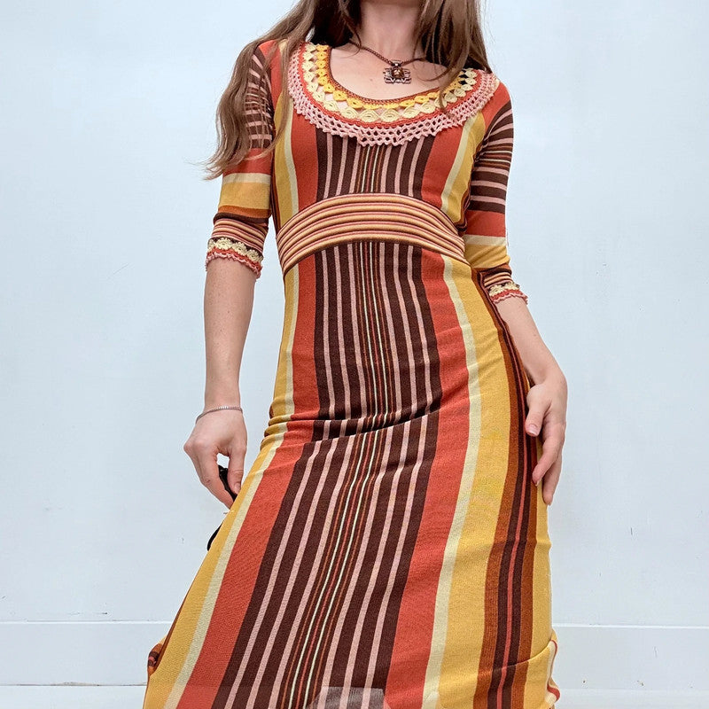 brown striped knitted crochet dress