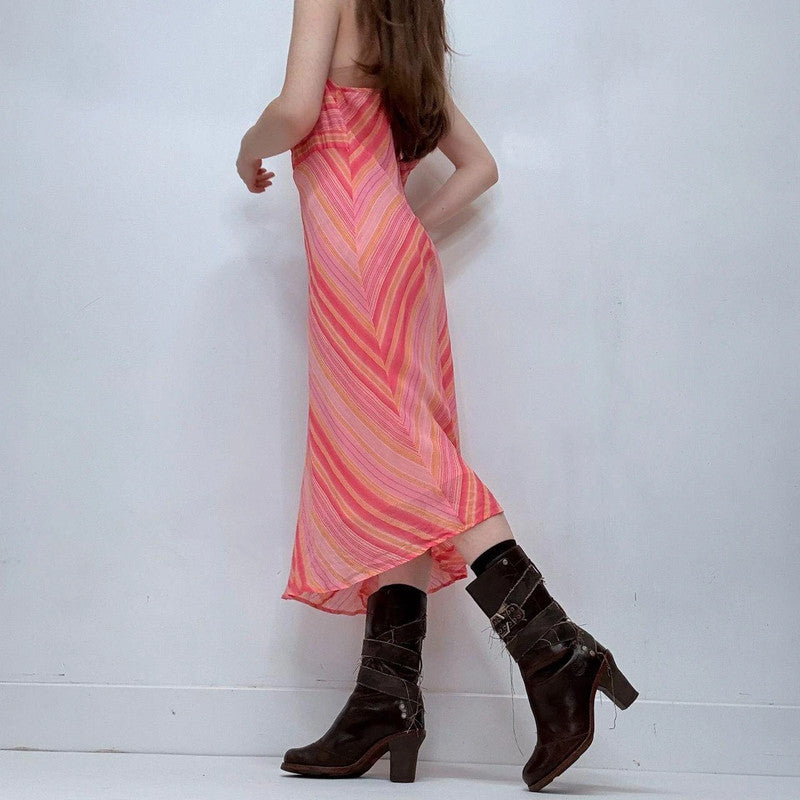 pink pinstripe bias cut flared dress
