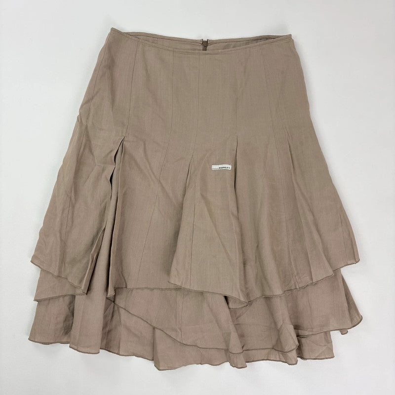 tan linen pleated asymmetric midi skirt
