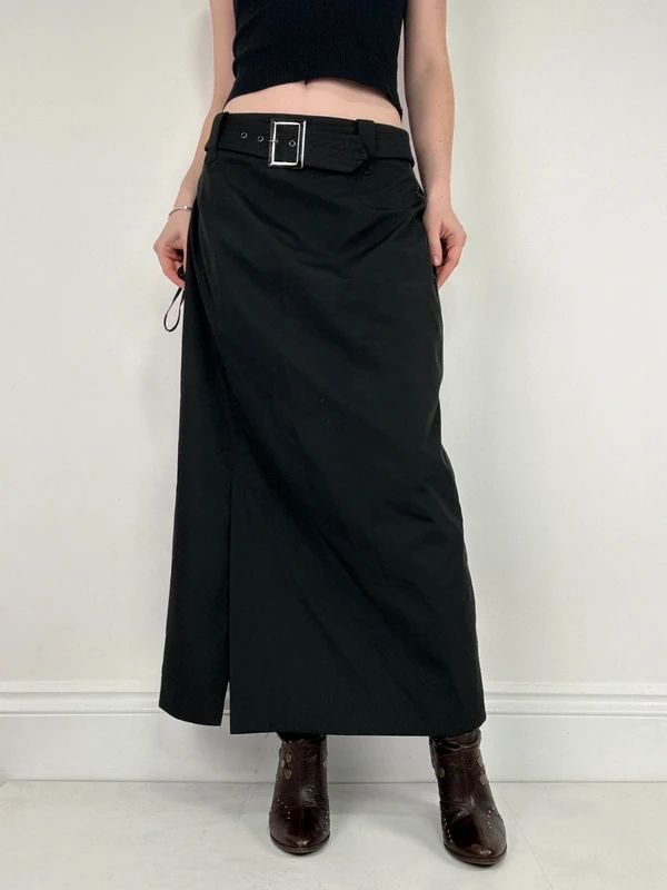 black a-line maxi belted skirt