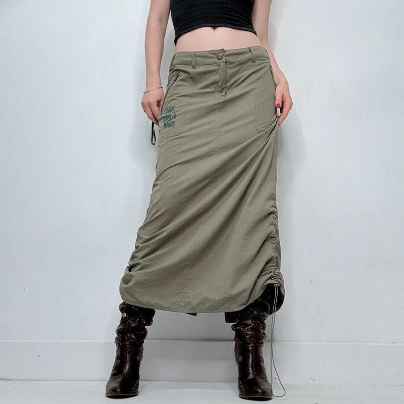khaki gathered cinched maxi skirt