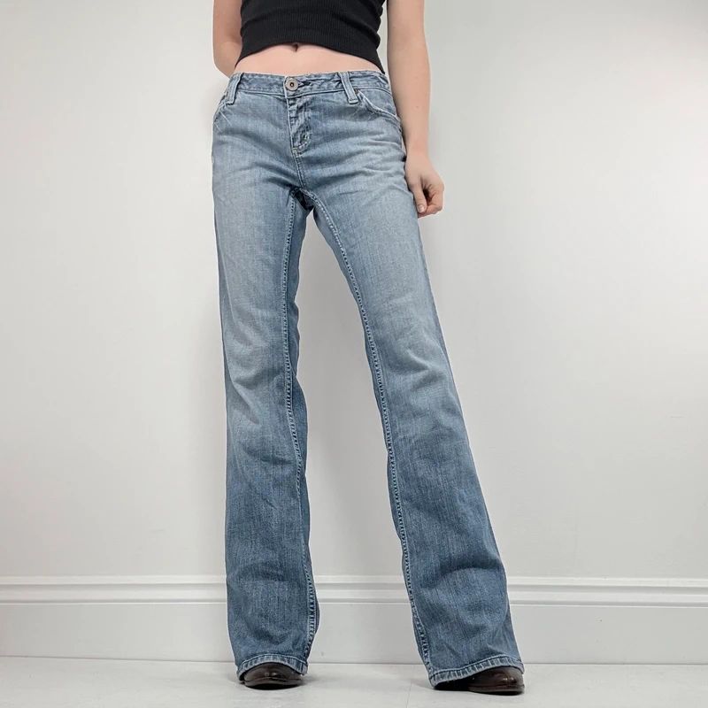 distressed flared leg low rise jeans