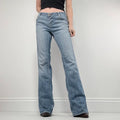 distressed flared leg low rise jeans