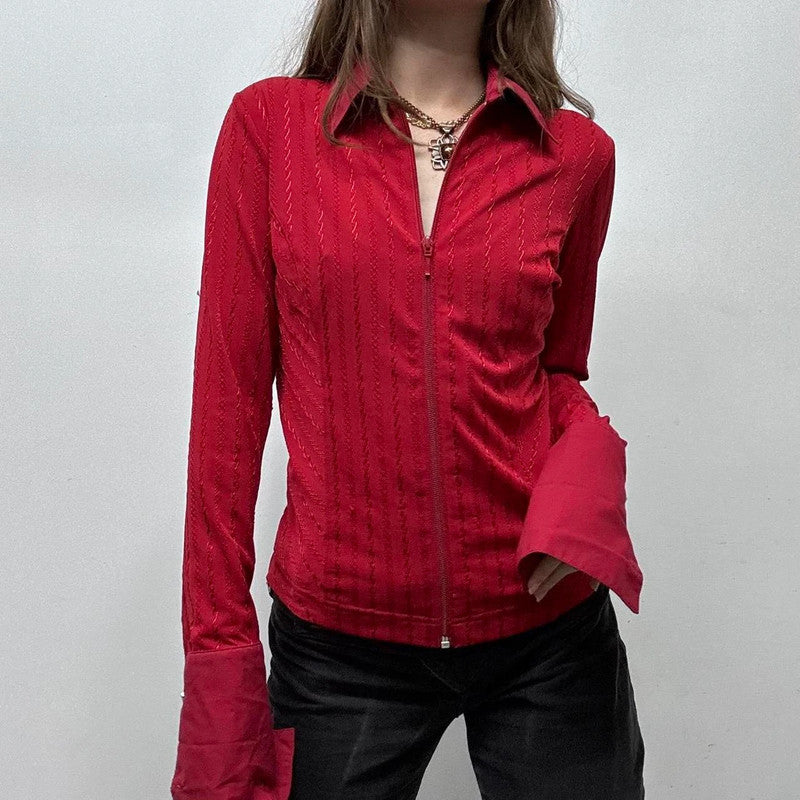 red zip up pinstripe flared shirt