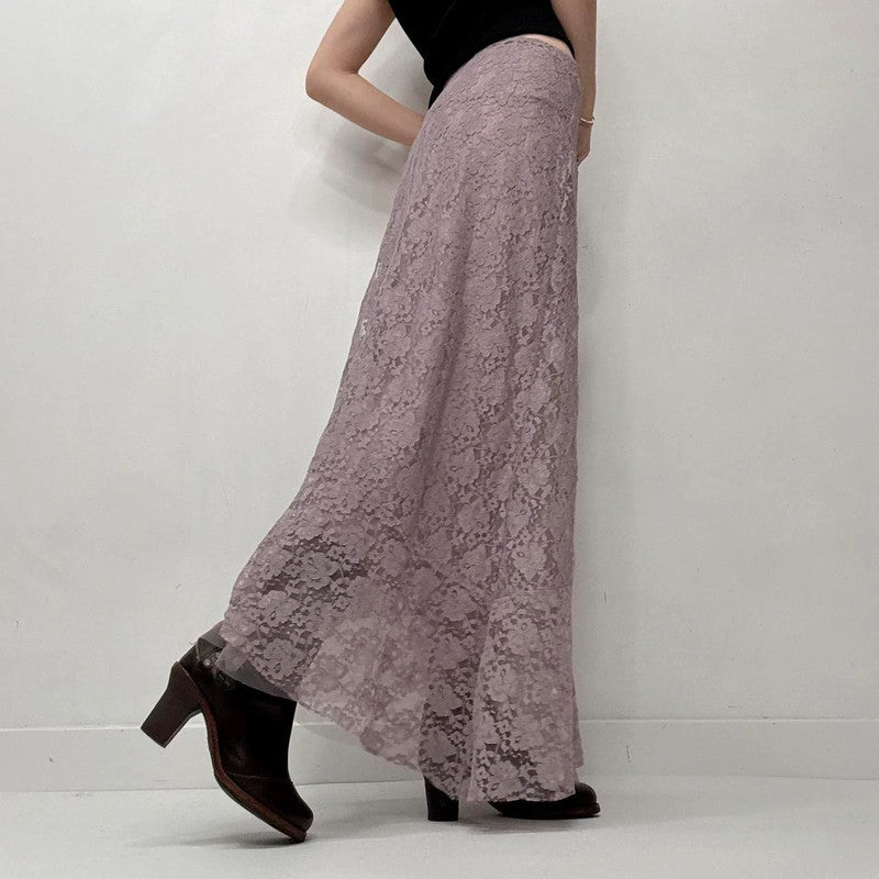 lilac lace sheer asymmetric maxi skirt