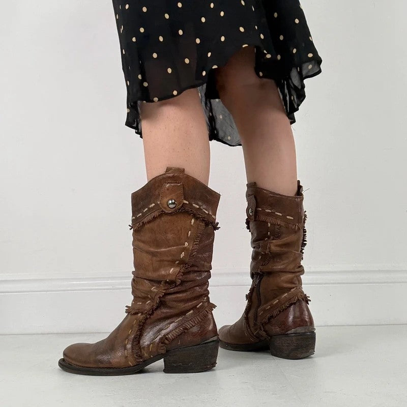Brown leather slouchy western boots