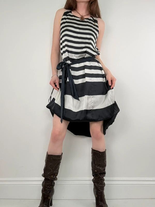 Navy and white striped asymmetric midi dress