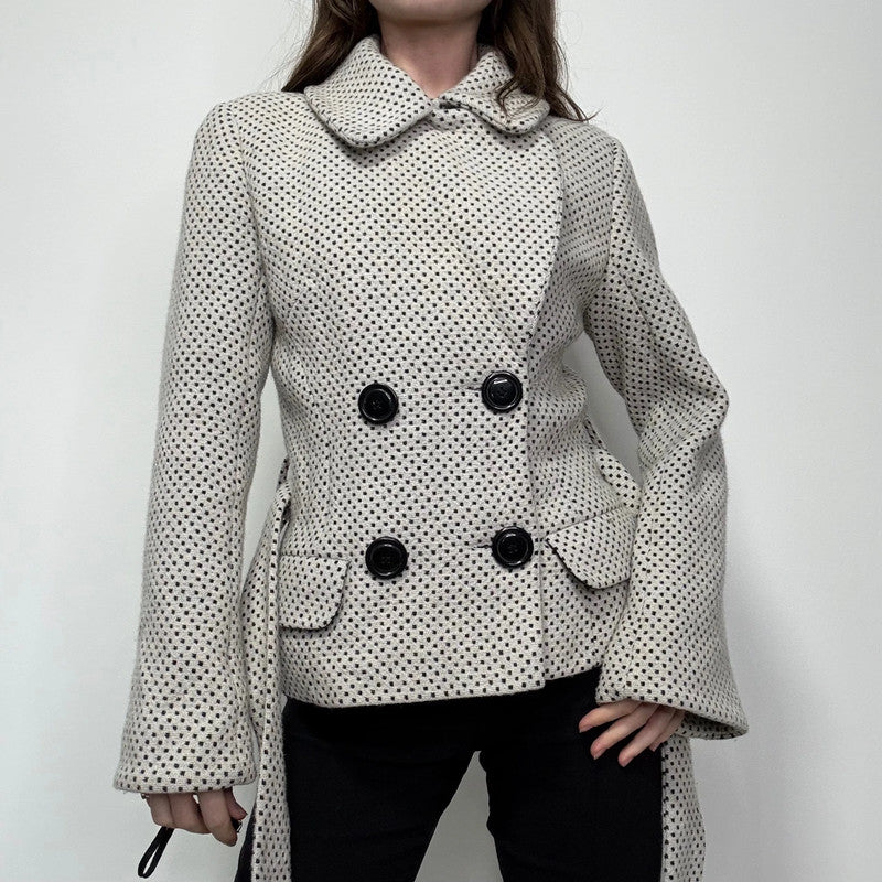 cream wool polkadot flared pea coat