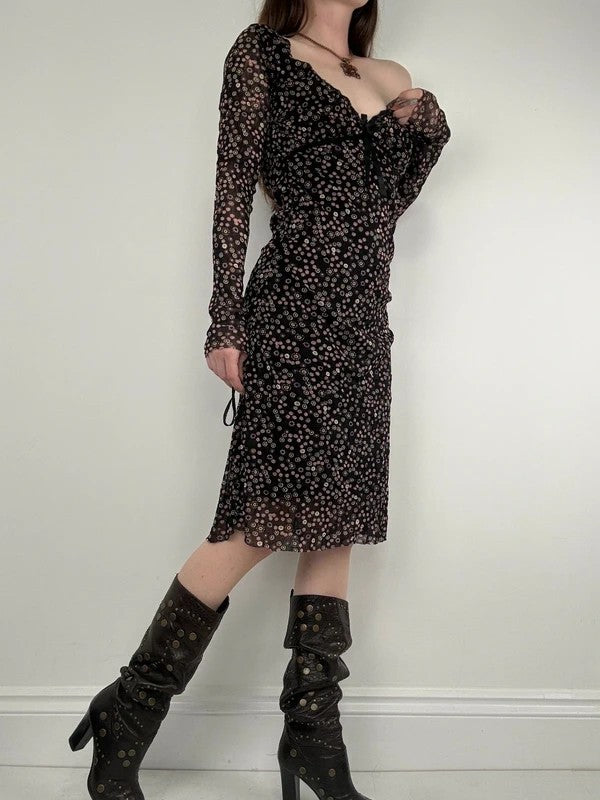 black polkadot long sleeve mesh slouchy dress